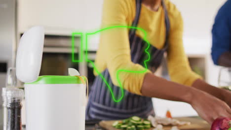 preparing vegetables in kitchen, cloud storage icons animation floating in background