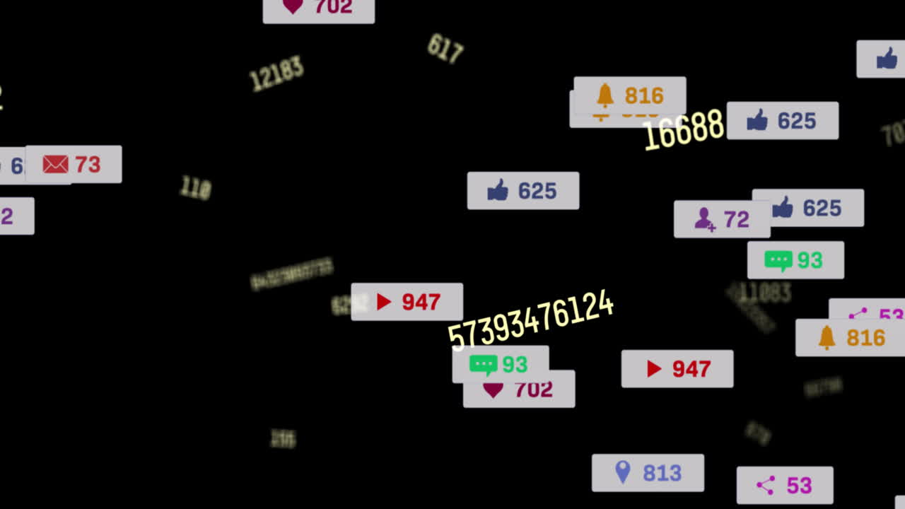 검은색 배경에 변화하는 숫자 위에 떠다니는 소셜 미디어 아이콘의 애니메이션
