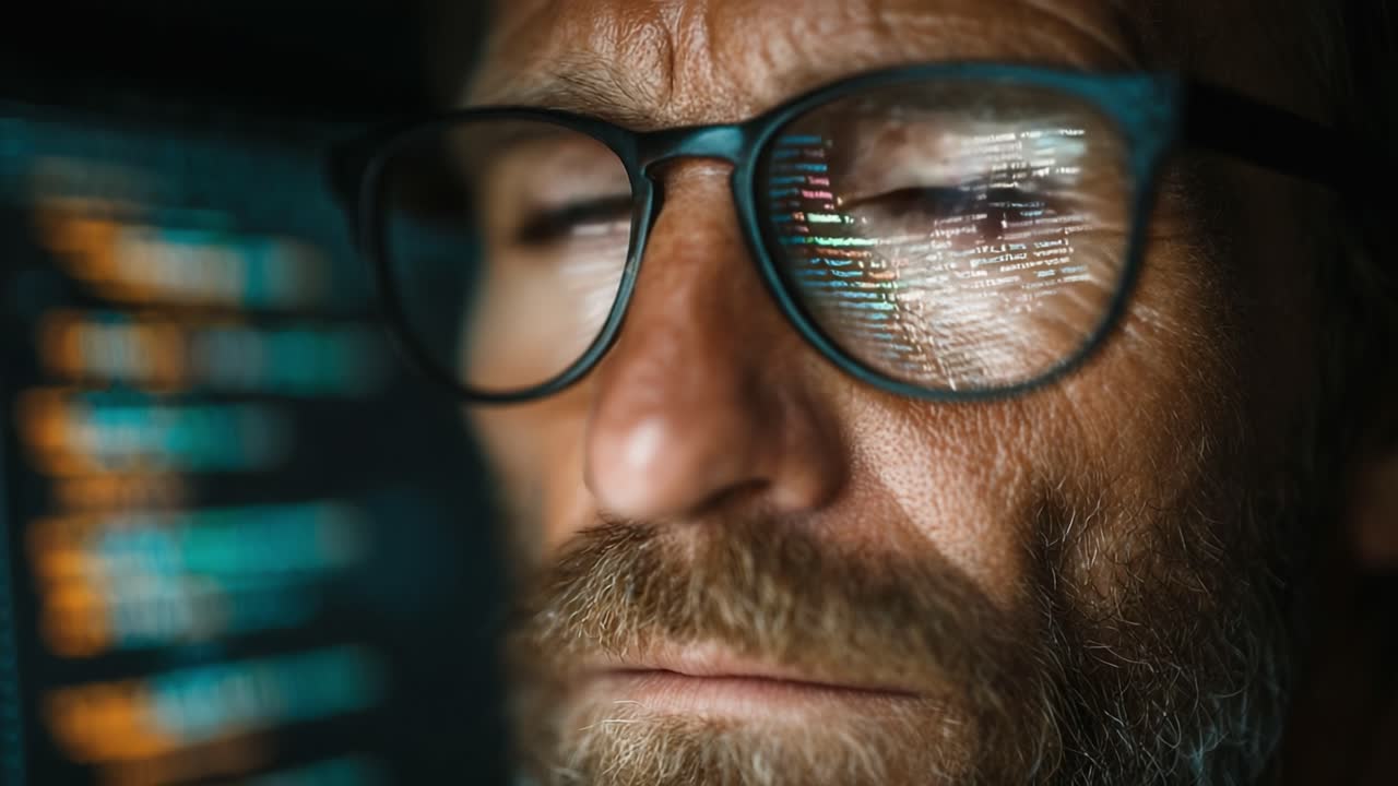 Intense Focus on Coding: A Close-up of a Programmer's Face Reflecting Lines of Code and Digital Data in Their Glasses Under Dim Lighting