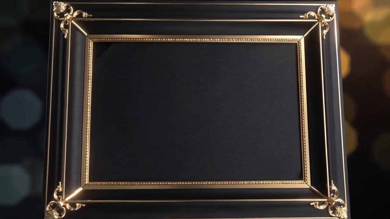 La telecamera si allontana rivelando una cornice ornata in studio, con drappeggi in raso nero per l'inserimento del titolo.