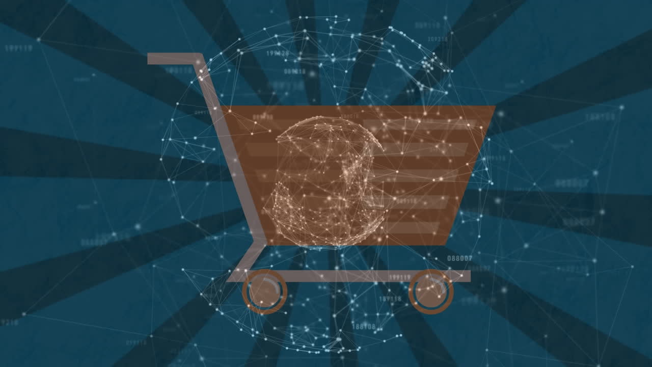 쇼핑 카트를 통해 연결 네트워크와 함께 회전하는 지구의 애니메이션