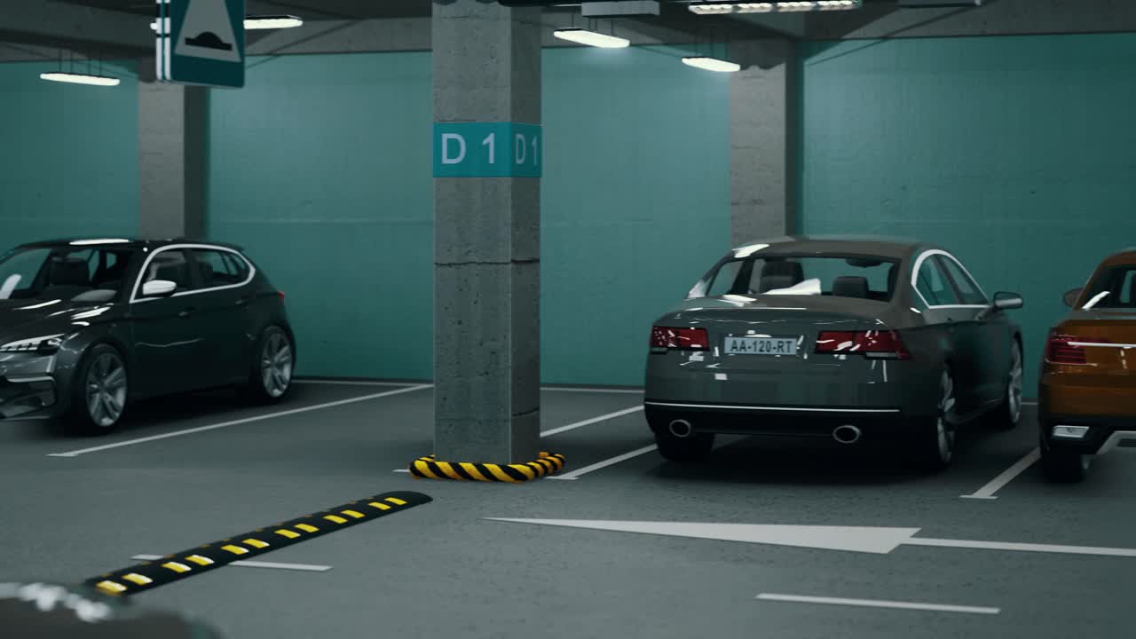 Underground parking with cars. Modern underground parking. Indoor full modern parking. Underground Parking Garage Scene