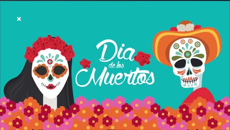 dia de los muertos celebración de letras con cráneos pareja y flores