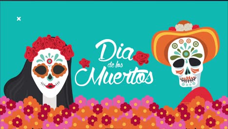 dia de los muertos lettering celebration with skulls couple and flowers