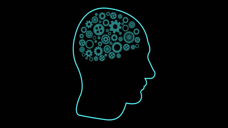 Animazione di cervello umano con ingranaggi su sfondo nero