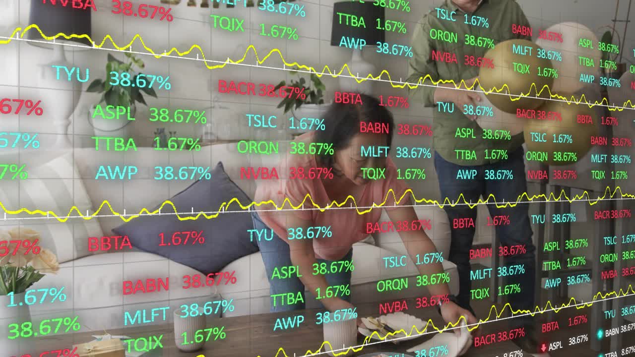 Adult son and mother talking, organizing plates on table while finance graphs obscuring view