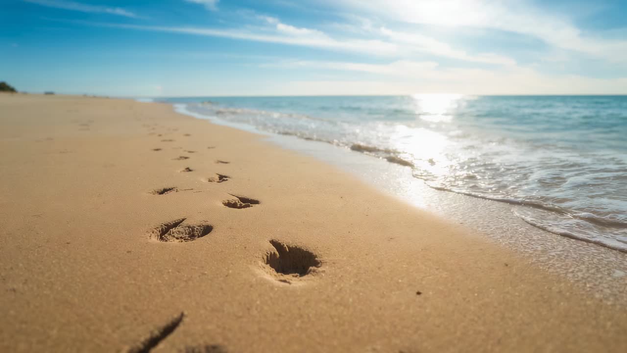 Advancing tide softening human footprints on sandy beach, reflecting sunlight and leaving foam