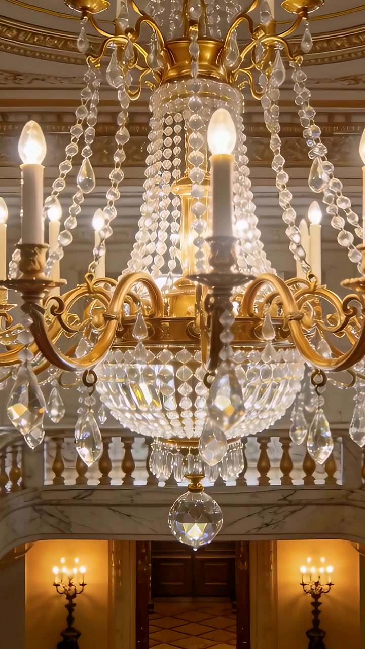 Video verticale: Telecamera che si allontana rivelando un lampadario di cristallo scintillante nell'atrio per mostrare l'interno