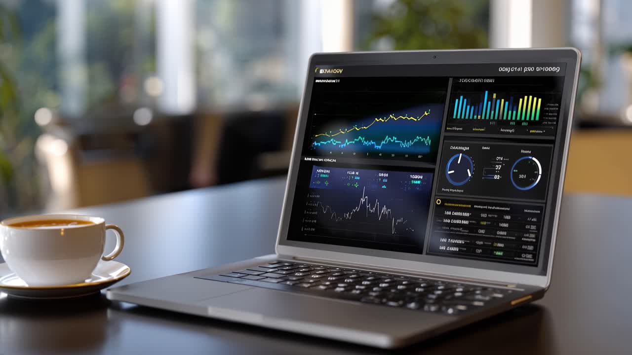 Analyzing Data Trends with Advanced Visualization on Laptop with Coffee in Modern Workspace Setting, Showcasing Graphs and Metrics for Insightful Decision-Making