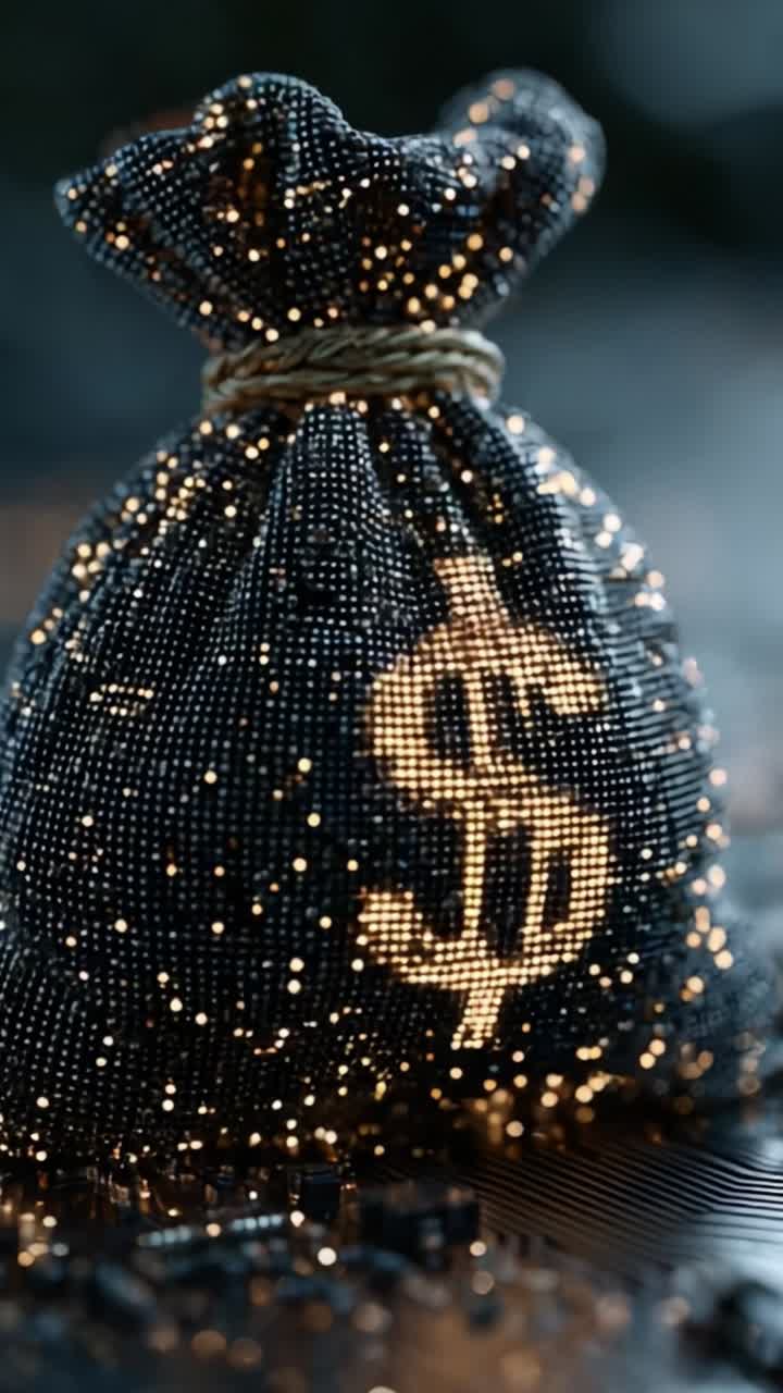 Un sacco di denaro luccicante pieno di ricchezza: Un focus accattivante su un sacco di valuta scintillante con un simbolo del dollaro illuminato da luci sfavillanti