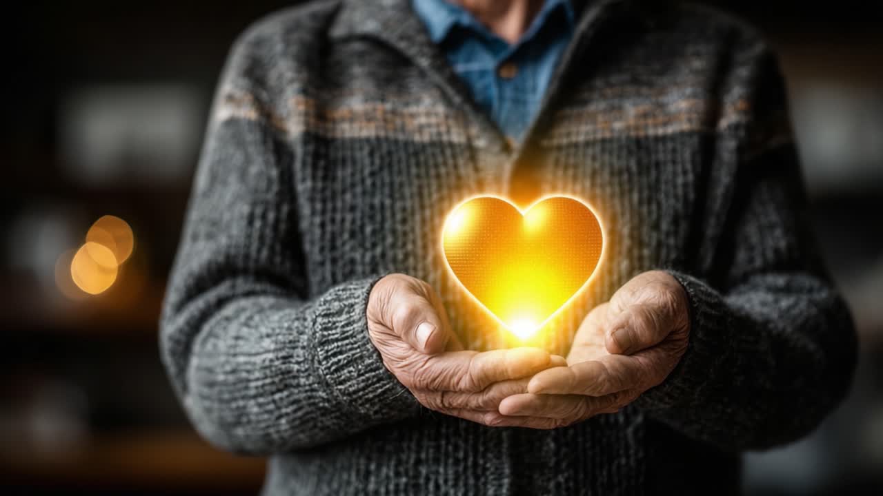 Un gesto delicado de cuidado: Un individuo de edad avanzada sostiene un objeto radiante en forma de corazón, simbolizando amor y generosidad en una atmósfera cálida y acogedora.