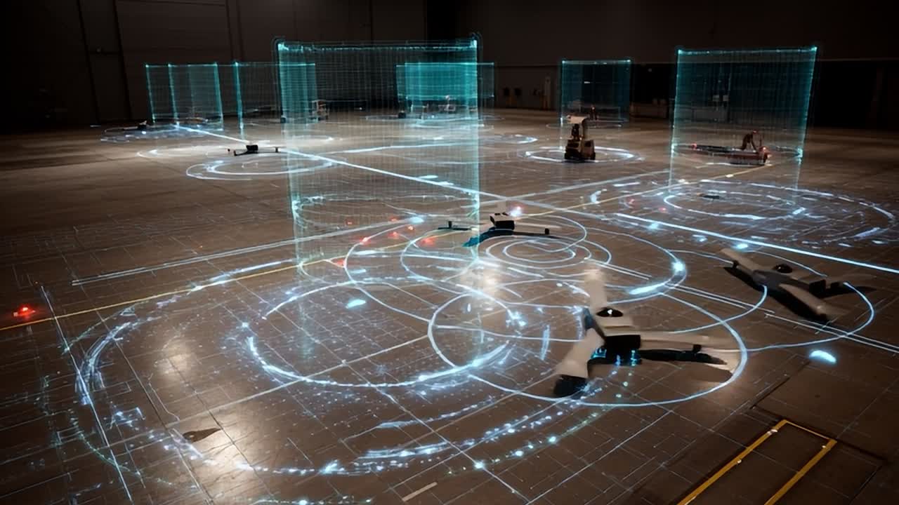Avansert visualiseringsteknologi i et stort industrilokale.