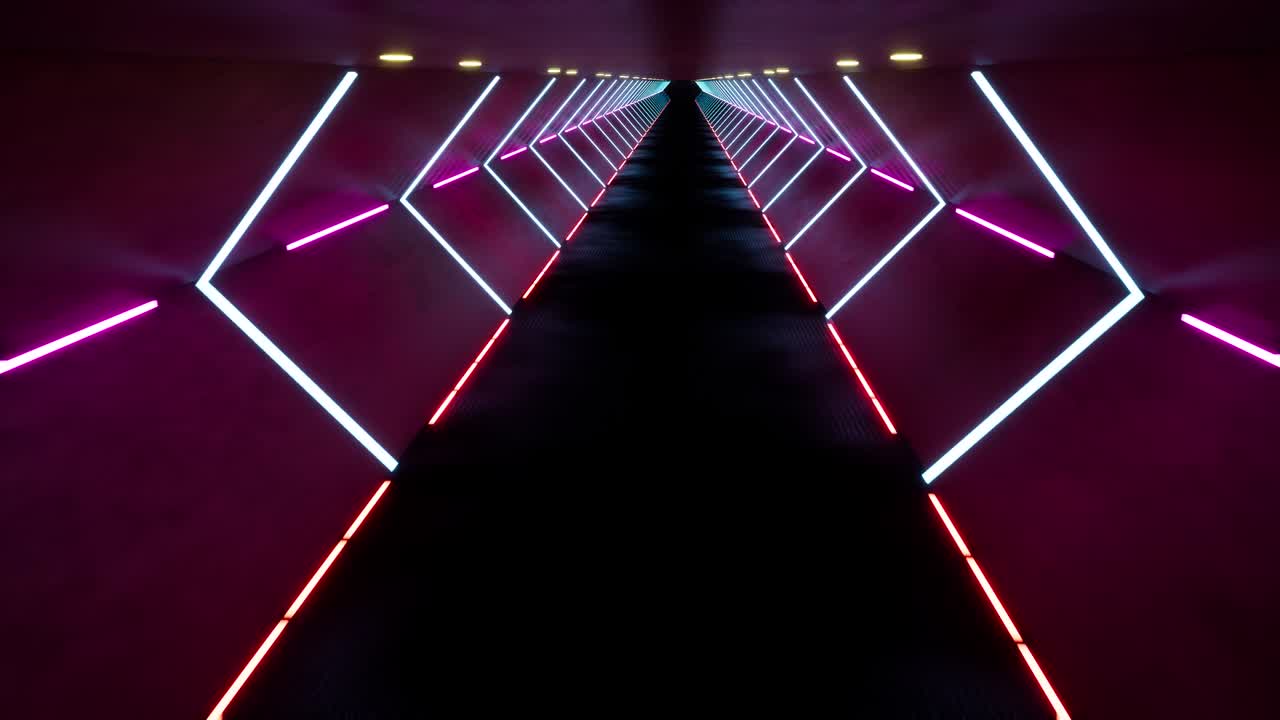tunnel futuristico con luci al neon 3d filmati realistici senza cuciture. muoversi all'interno di moderni corridori rossi vuoti animazione. stanza con lampade led luminose pov effetto di movimento. video in loop astratto