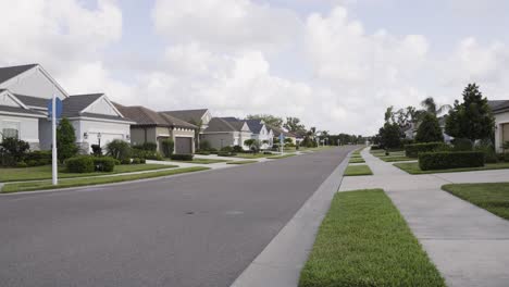 tropical residential road in a quiet neighborhood, with many homes, on a cloudy day