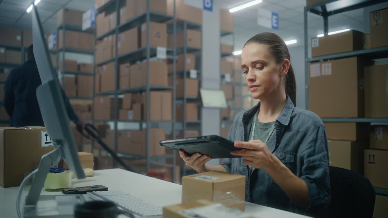 Warehouse Worker Using Tablet for Inventory Management
