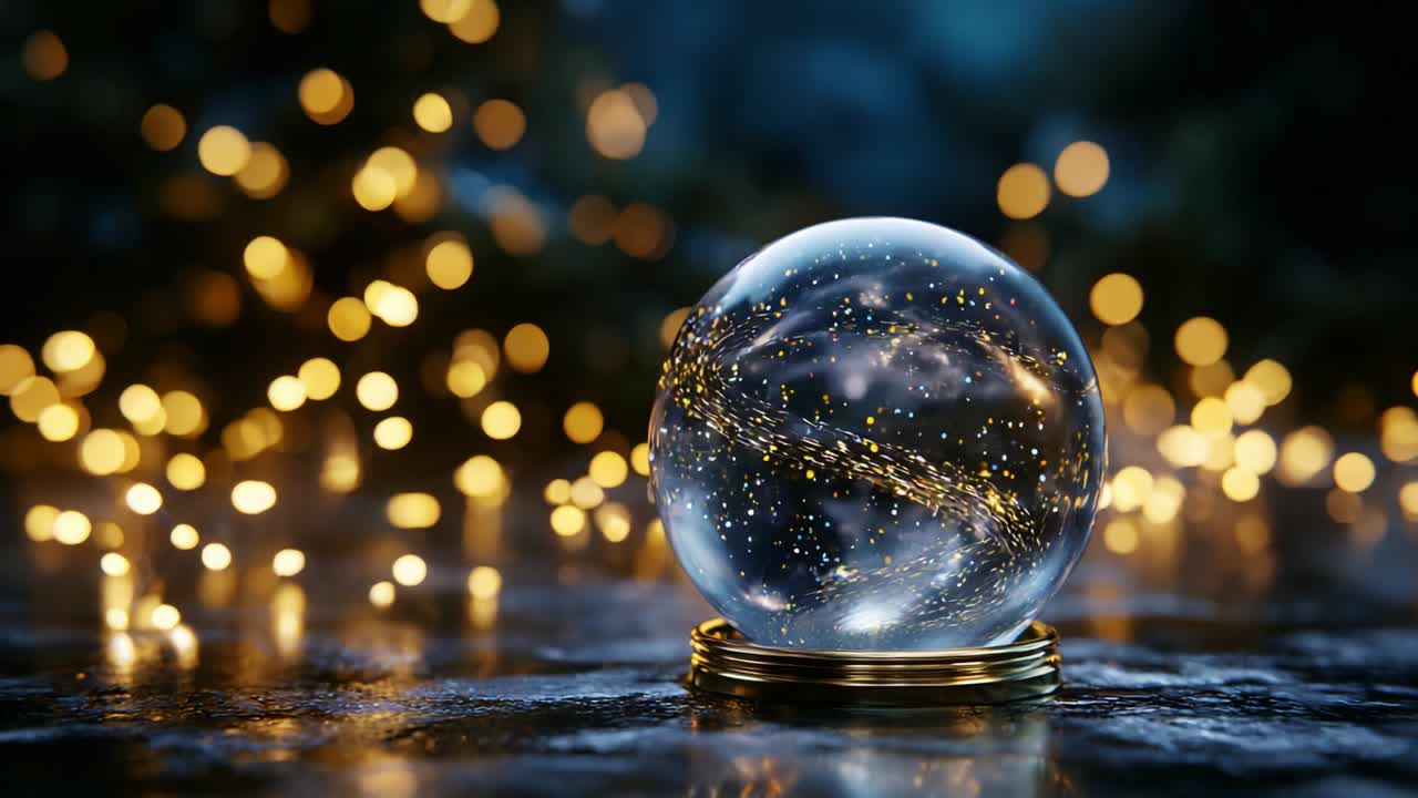 Captivating crystal ball resting on a sleek surface, showcasing a mesmerizing galaxy of stars and streaks of light amid a backdrop of glimmering bokeh lights, inviting wonder and fascination with its ethereal glow