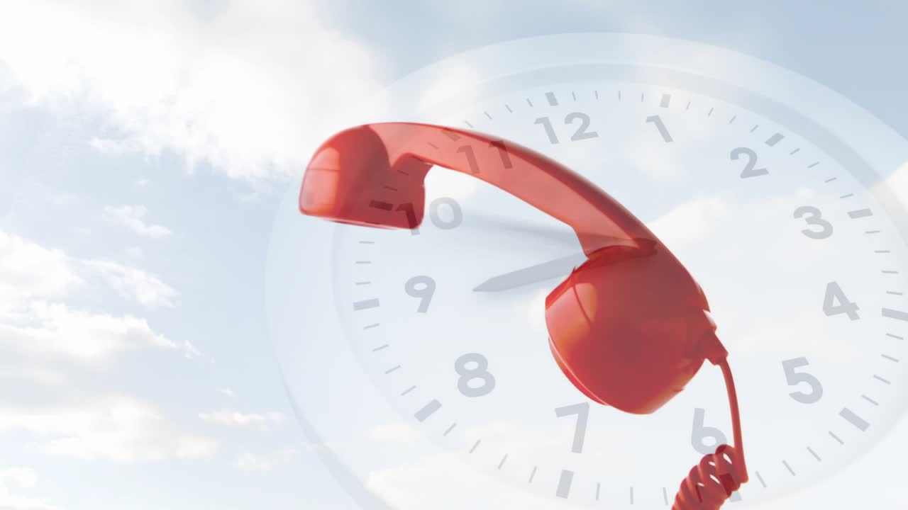 Red handset appearing top-right tilting and descending as clock hands rotating to show passing time