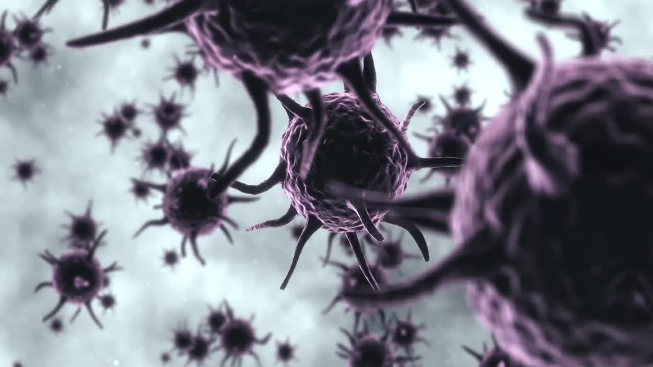 células de virus generadas digitalmente que fluyen contra un fondo blanco