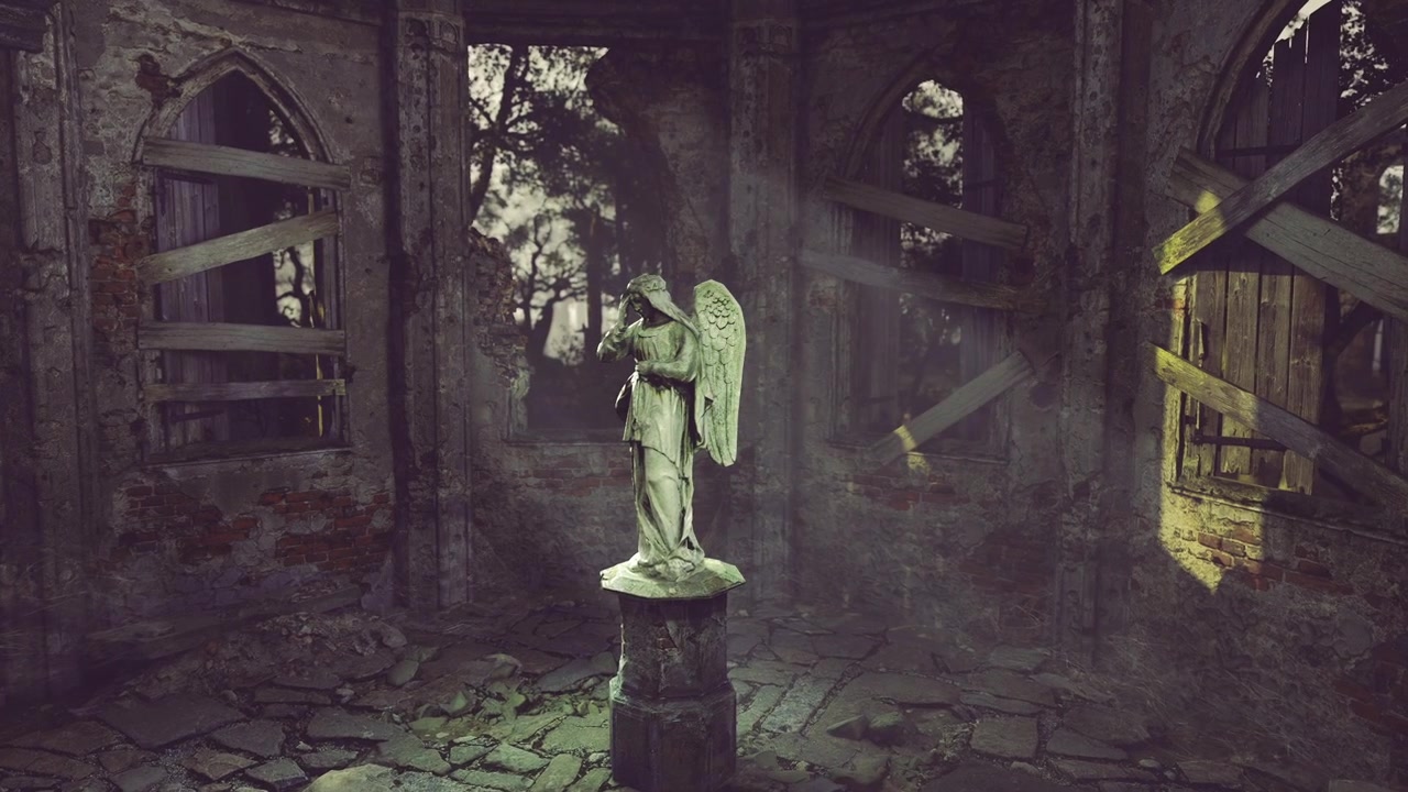 Misteriosa estatua de ángel se alza sola en una cámara de piedra abandonada