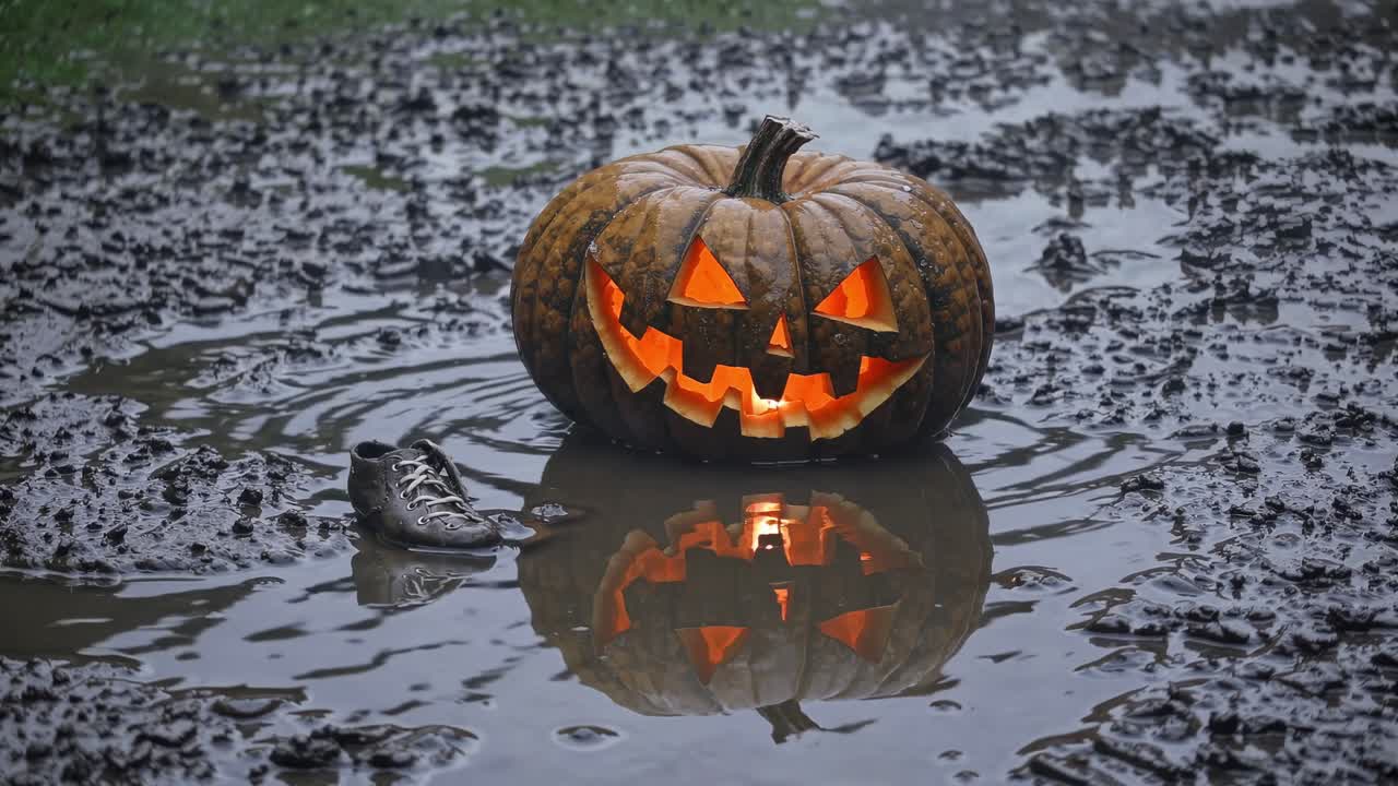 Jack-o'-lantern glowing in muddy puddle, surrounded by dark soil, showcasing eerie Halloween ambiance with reflections and a vintage shoe nearby, enhancing the spooky atmosphere
