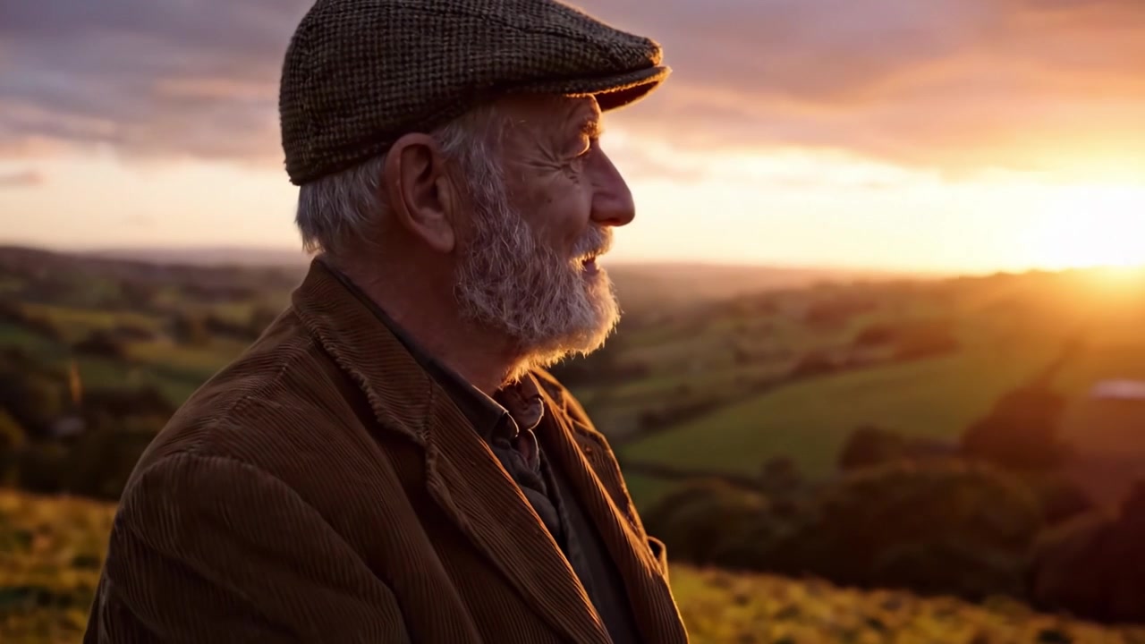 Un anziano pensieroso in mezzo a un tramonto mozzafiato su dolci colline, che abbraccia la serena bellezza della natura e il passare del tempo.
