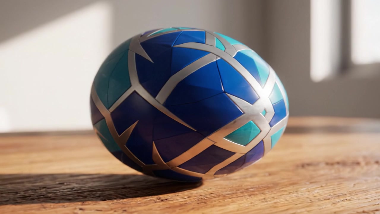 Uno splendido uovo decorativo con intricati motivi geometrici e vivaci sfumature di blu, esposto creativamente su una superficie di legno in una morbida luce naturale.