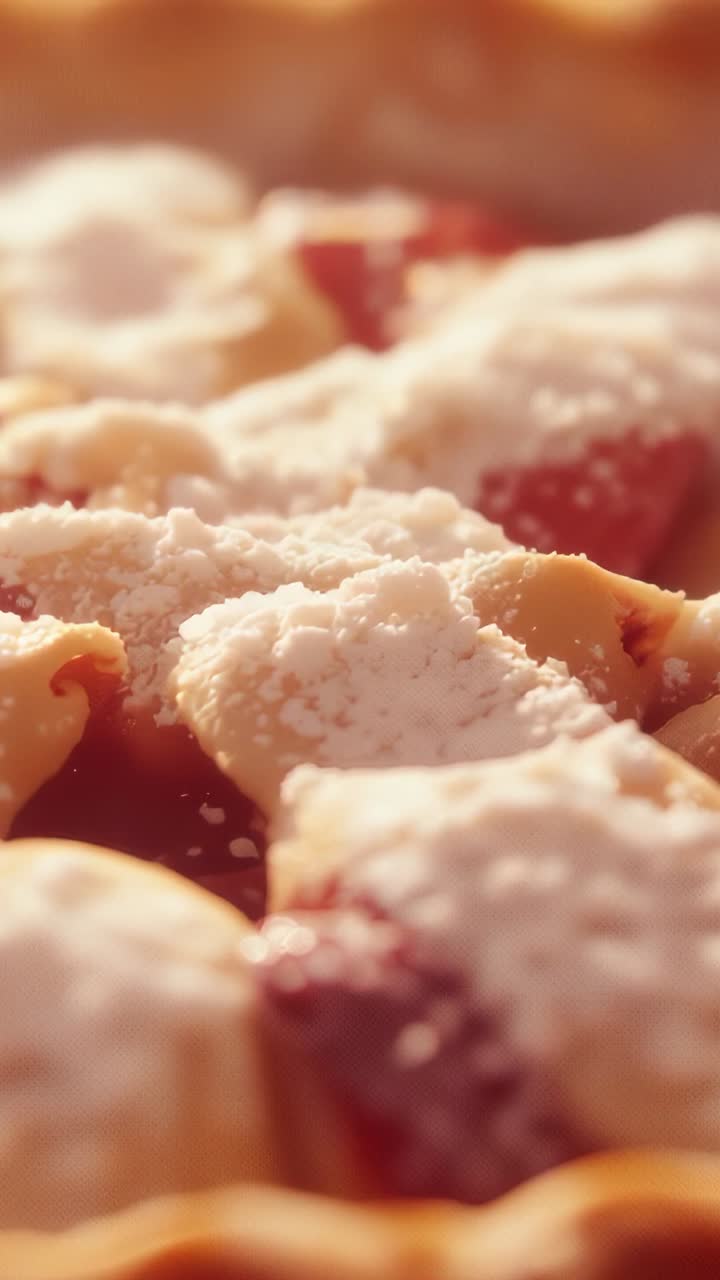 Vertical video: Opening close-up, camera showing lattice fruit pie in kitchen with powdered sugar
