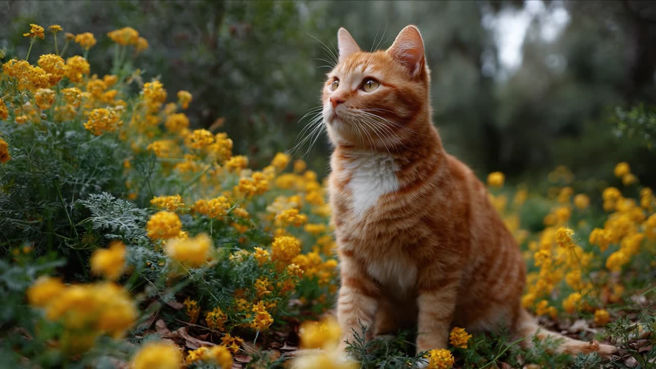 Charming Orange Tabby Cat Sitting Among Vibrant Yellow Flowers in a Lush Green Garden, Exuding Curiosity and Playfulness