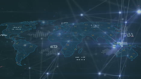 animación de una red brillante de conexiones sobre el mapa del mundo contra un fondo negro