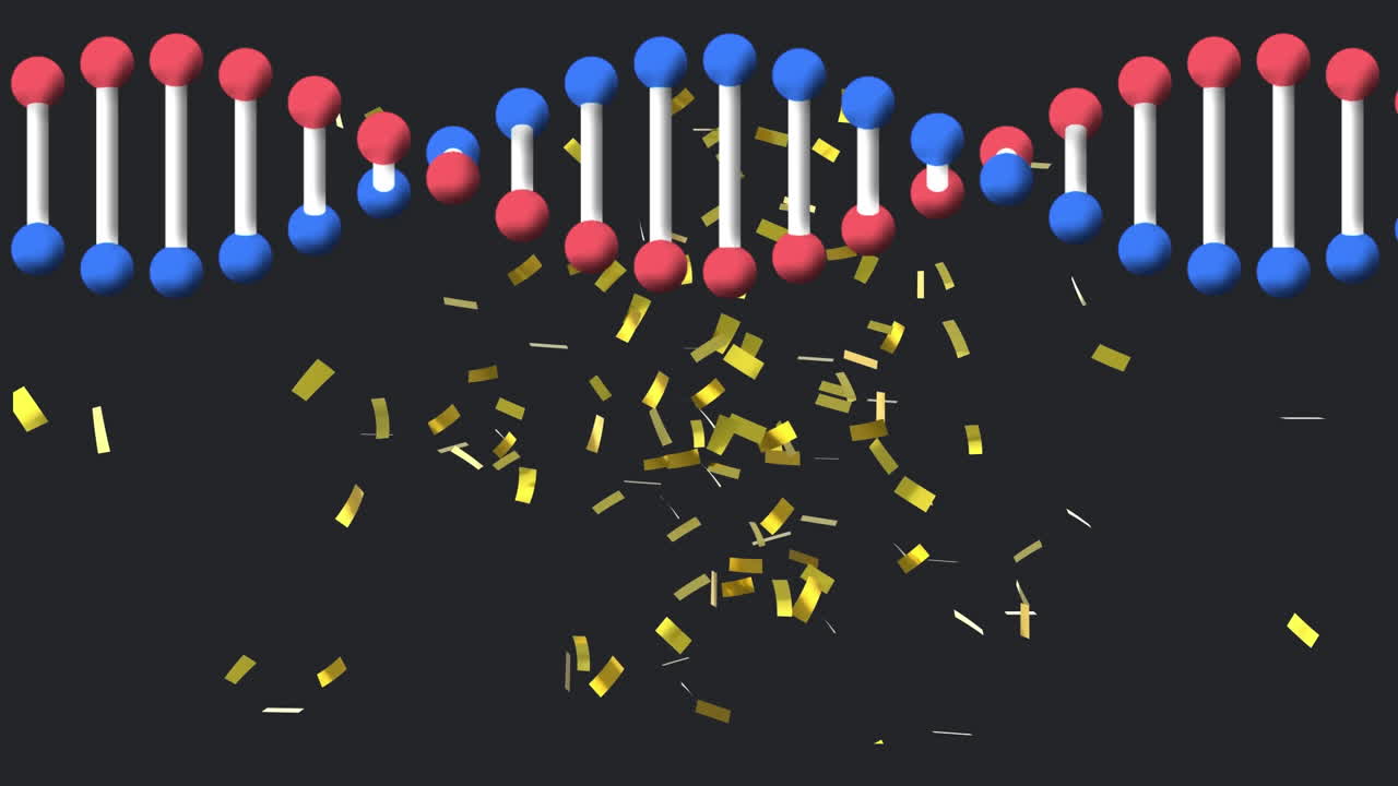 검은 바탕에 회전하는 3d 모델 dna 가닥 위에 떨어지는 금색 콘페티의 애니메이션