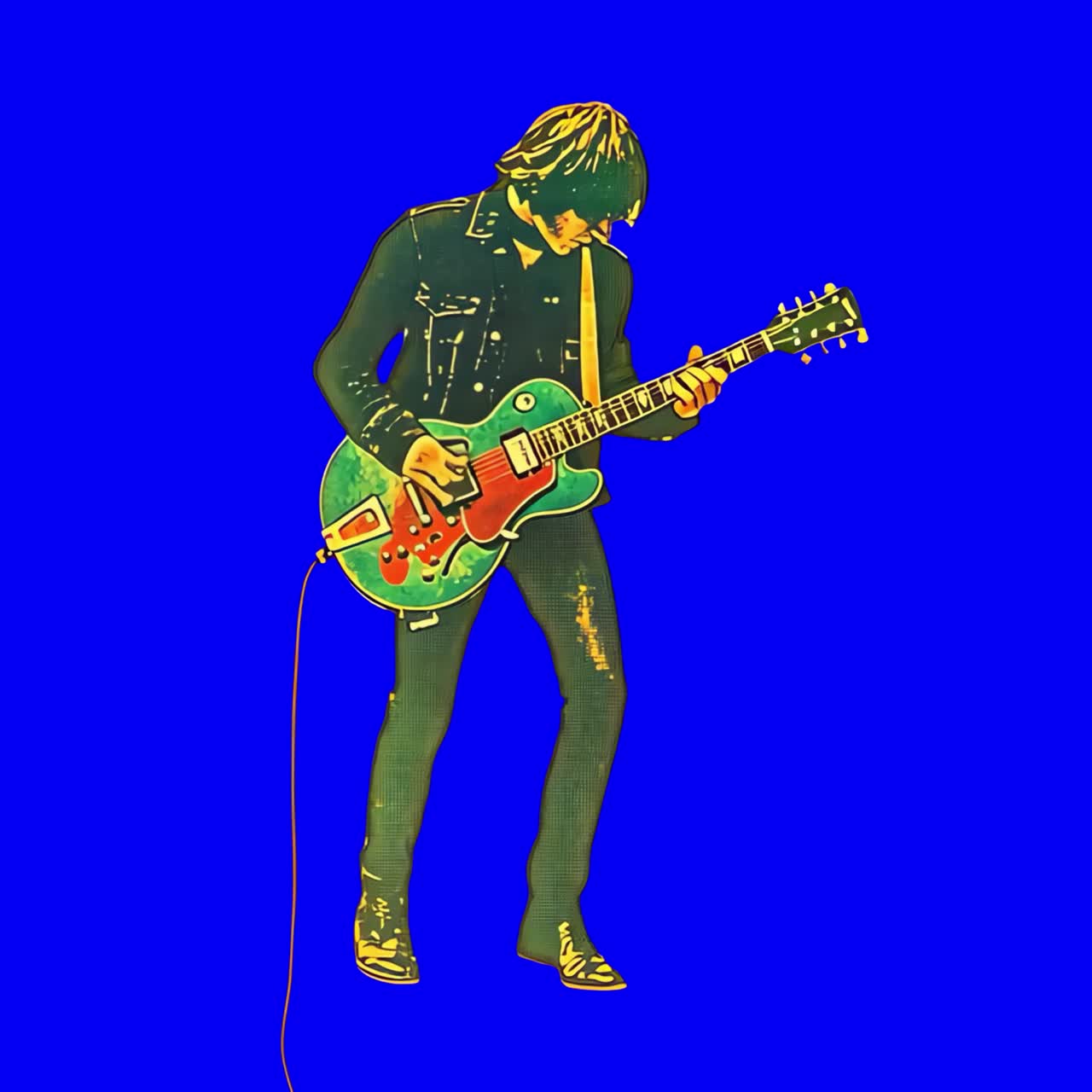 Guitarist performing vibrant animation, transparent 4K video, green screen