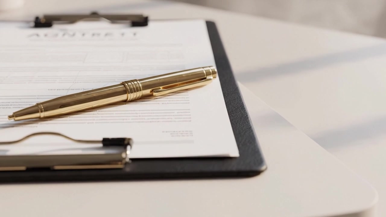 Documento professionale e penna su un portablocco appoggiati su un tavolo con illuminazione soffusa, che indicano la preparazione per decisioni o accordi importanti.