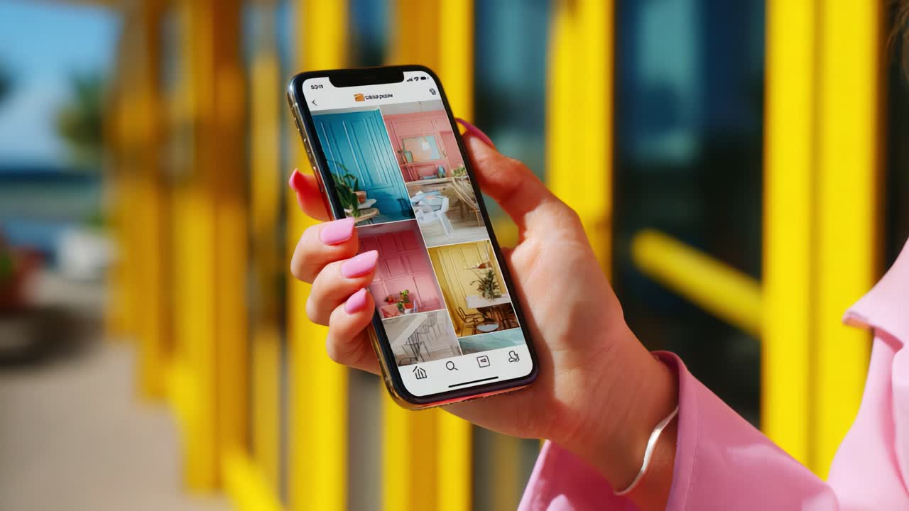 Exploring Vibrant Home Decor Inspirations: A Woman Engages with Colorful Interior Design Options on Her Smartphone Against a Bright Yellow Backdrop