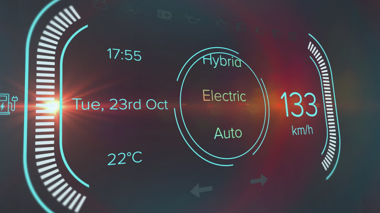 Futuristic car HUD glowing blue green showing speed, drive mode, date, temp, icons in 3D render