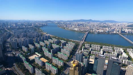 cloudless seoul skyline with riverbanks of han river