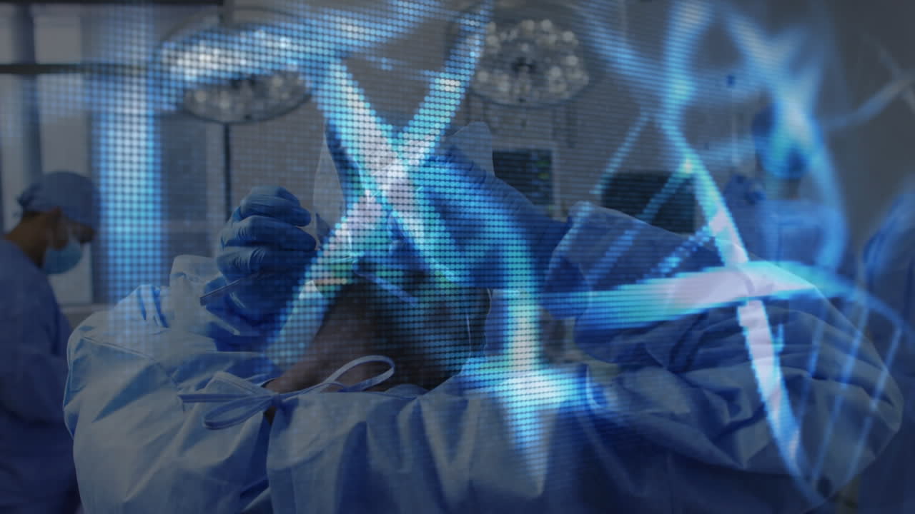 수술 중에 얼굴 마스크를 착용한 다양한 의사들에 대한 dna  ⁇ 의 애니메이션