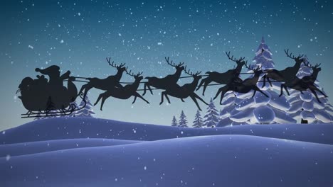 Animation-Von-Schnee,-Der-über-Die-Silhouette-Des-Weihnachtsmanns-Im-Schlitten-Mit-Rentieren-In-Einer-Winterlandschaft-Fällt