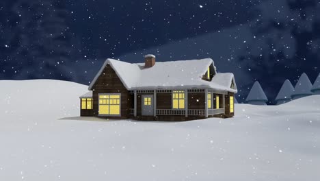 Snow-falling-over-a-house-on-winter-landscape-against-night-sky