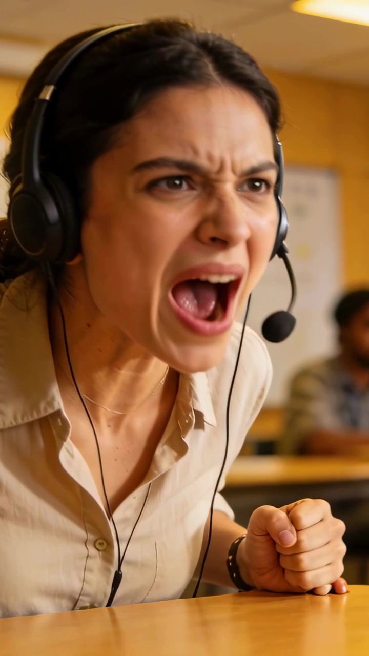 Vertical video: Shouting woman wearing headset and shirt reacting to training prompt, gripping desk