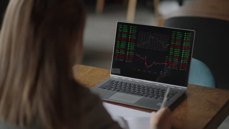 asian businesswoman analyzing a graphic of a stock exchange chart. back of the head of a young female chinese japan japanese korean looking at a stock diagram on the big screen of the laptop