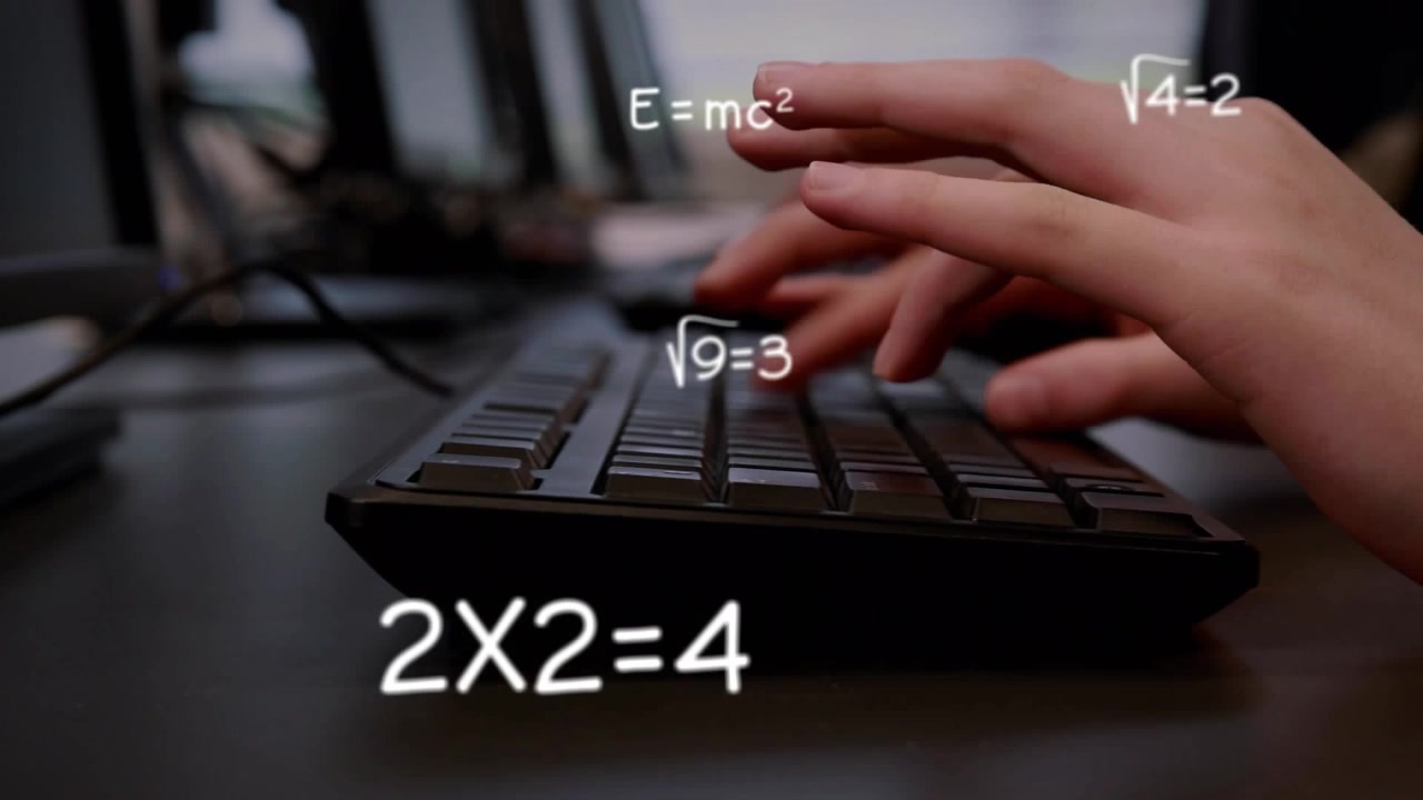 Animation of mathematical equations over diverse people typing on keyboard