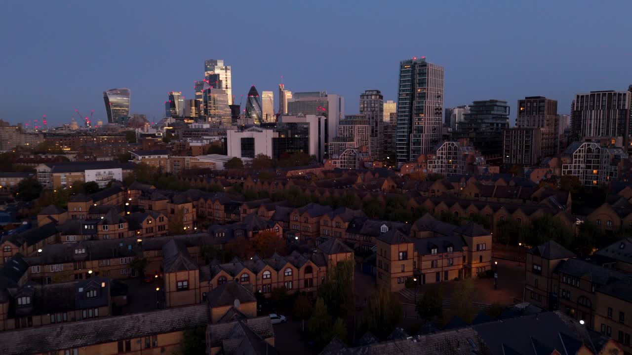 Central London Business District High Rise Buildings, City Skyline, Aerial Sunrise