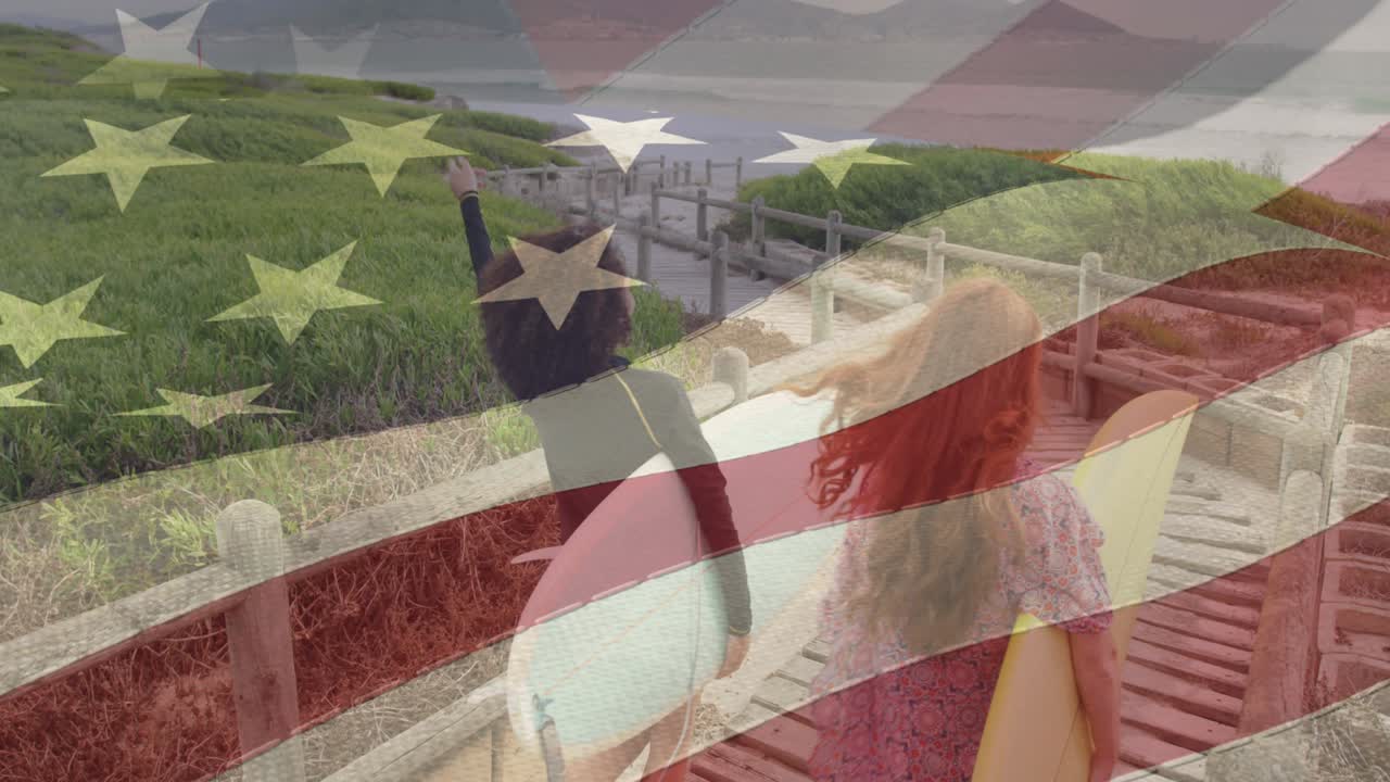 해변 에 서핑 보드 를 가진 행복 한 남자 와 여자 위 에 있는 미국 국기 의 애니메이션