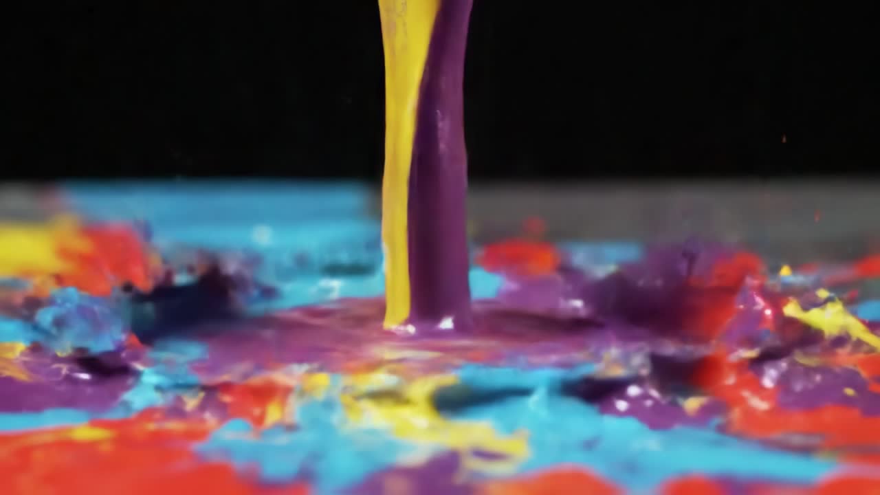 A burst of bright colors erupts from a centralized source, splattering in every direction. This artistic moment occurs inside a creative space, showcasing the energy of painting and expression.