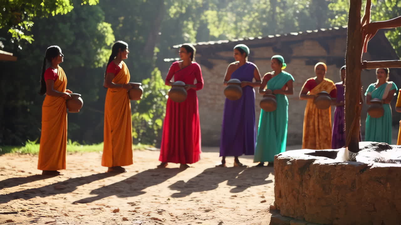 Rural Women Fetching Water at a Village Well