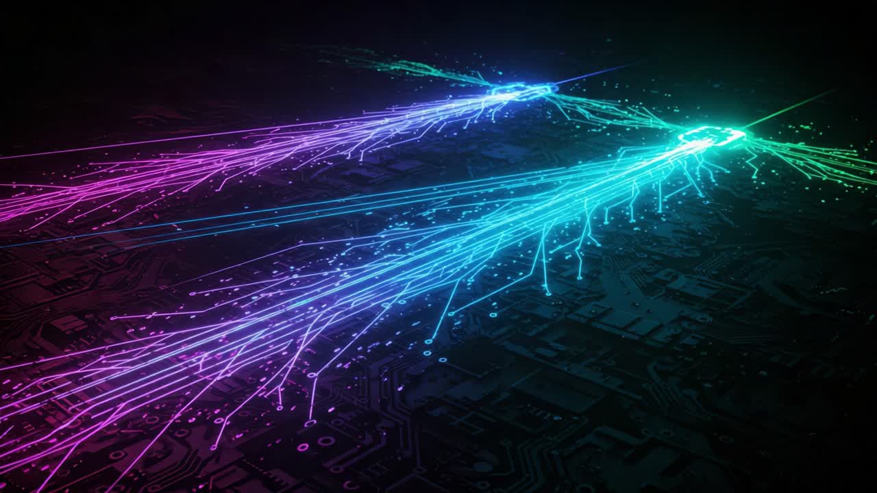 Dynamic Visualization of Light Trails Representing Data Transmission in a Digital Landscape, Featuring Vibrant Colors and High-Tech Patterns