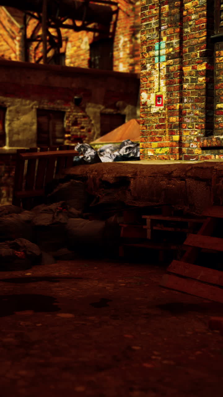 어두운 골목길에 버려진 벽돌 건물