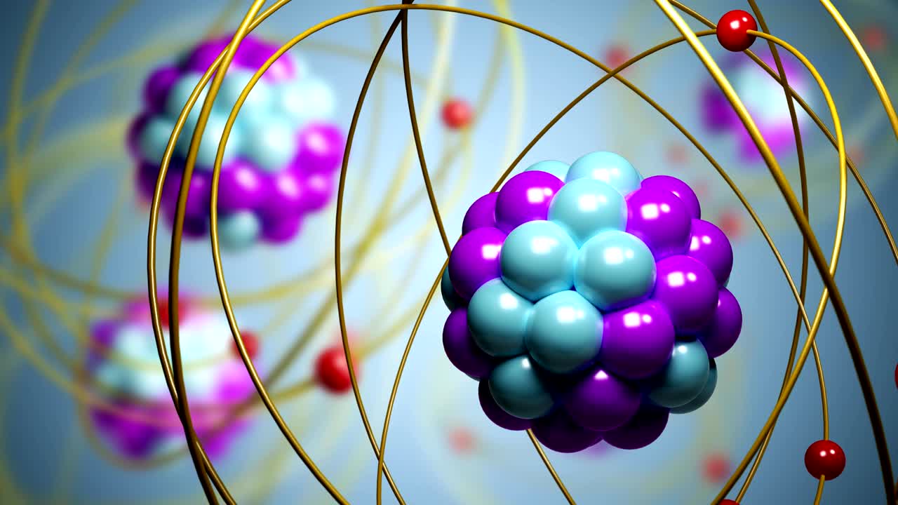 partículas elementales que se mueven en el átomo. concepto de física. animación en bucle renderizada en 3d.
