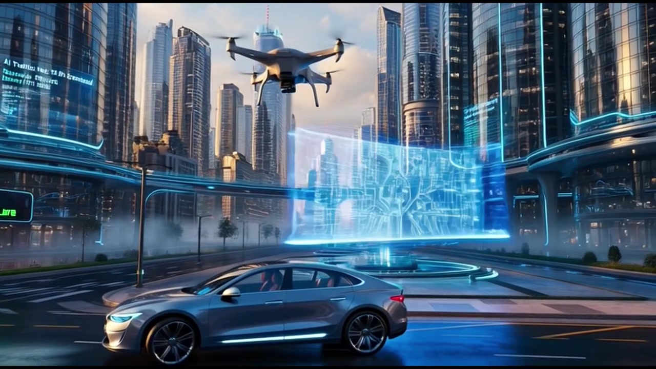 Futuristic Cityscape with Autonomous Vehicles and Holographic Displays