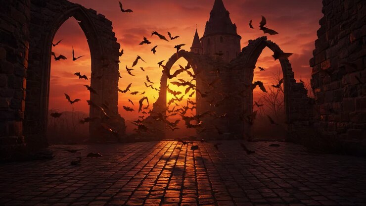 A Hauntingly Beautiful Sunset Over Ancient Ruins with a Flocking of Bats at Dusk, Capturing the Magic and Mystery of Twilight